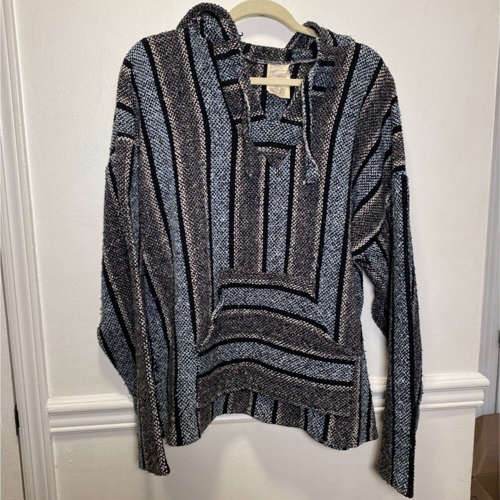 Beach Hippie Hoodie Pullover Black Gray Woven Striped Baja Sweater Mexico XL